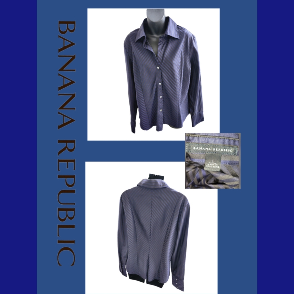 BANANA REPUBLIC BLACK WITH BLUE STRIPES TAYLORED DESIGNER SHIRT
